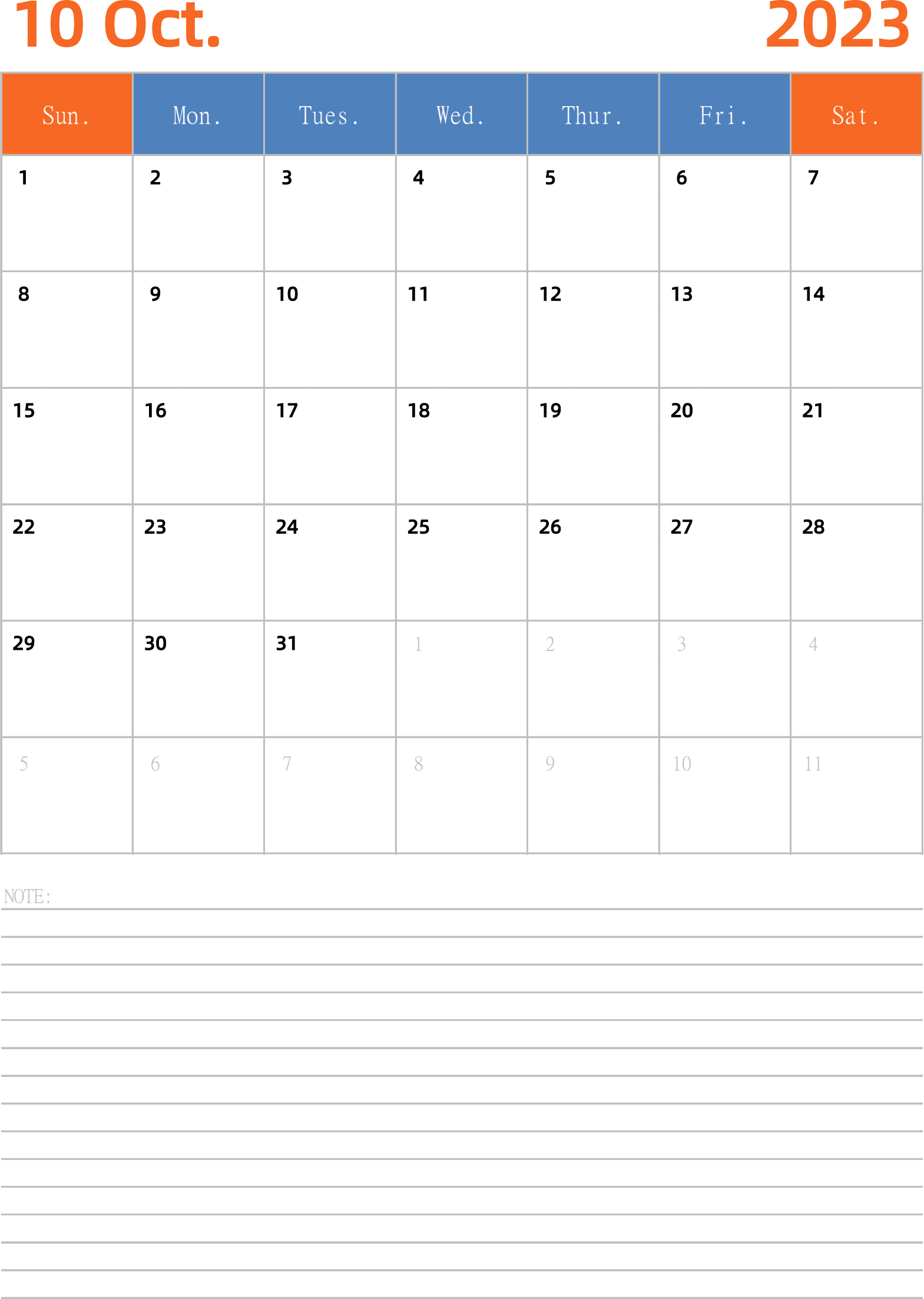 日历表2023年日历 英文版 纵向排版 周日开始